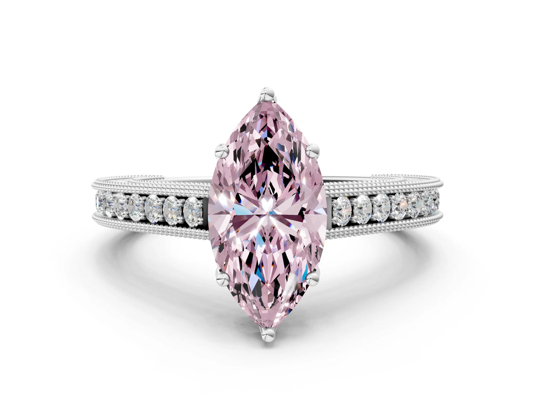 White gold Fancy Pink Marquise Cut Cut Pave Band Milgrain Solitaire Ring