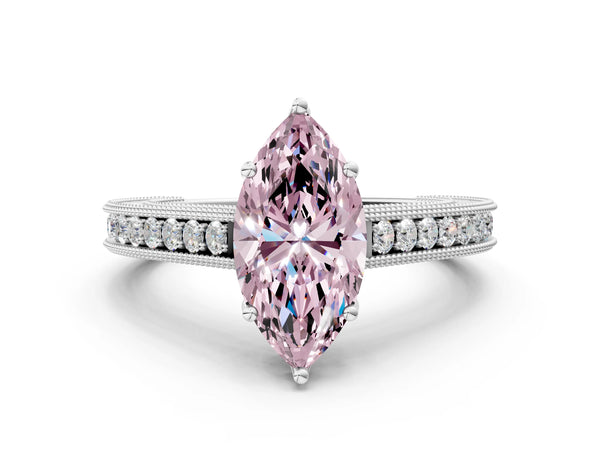 White gold Fancy Pink Marquise Cut Cut Pave Band Milgrain Solitaire Ring