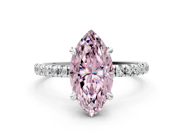 White gold Fancy Pink Marquise Cut Diamond Brilliant Solitaire Ring with Pavé Band and Four-Prong Setting