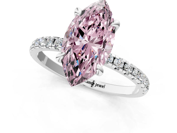 White gold Fancy Pink Marquise Cut Diamond Brilliant Solitaire Ring with Pavé Band and Four-Prong Setting
