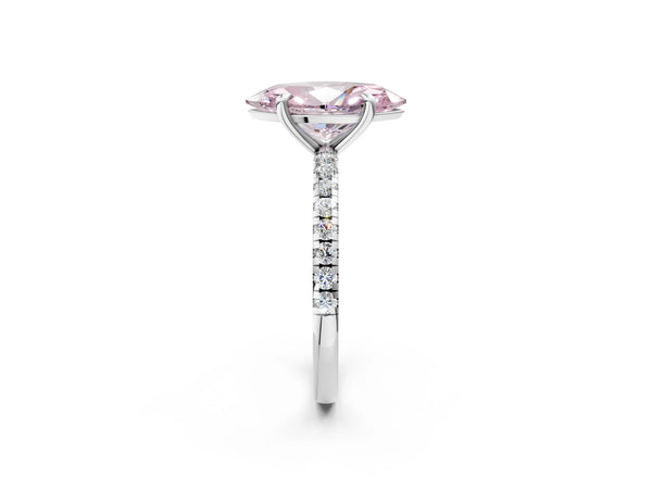 White gold Fancy Pink Marquise Cut Diamond Brilliant Solitaire Ring with Pavé Band and Four-Prong Setting