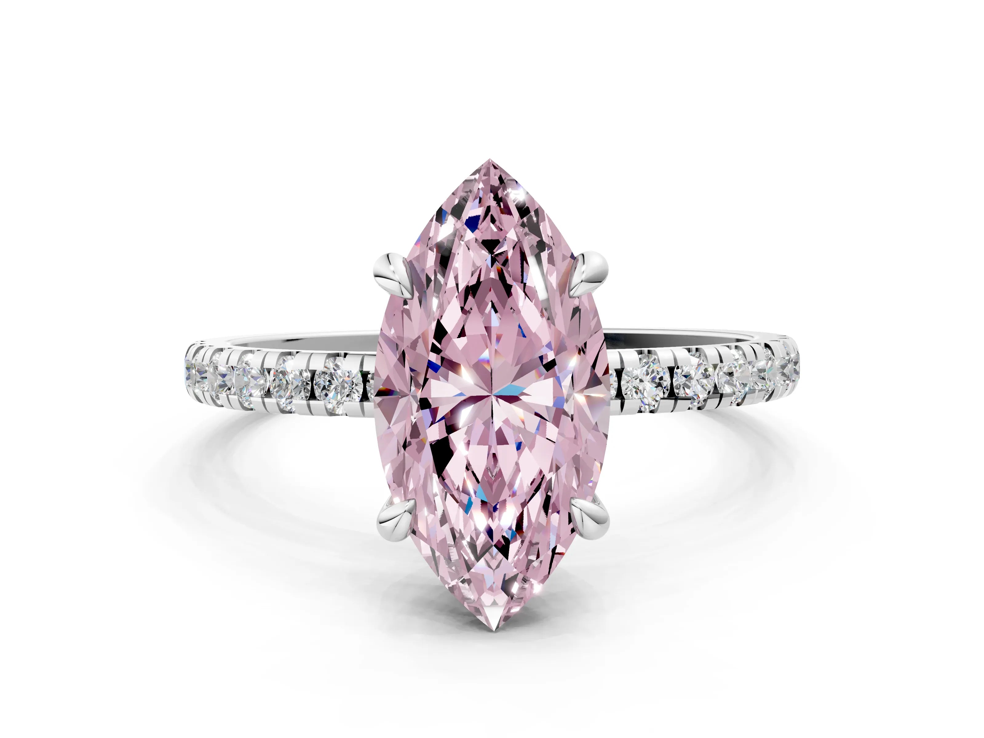 White gold Fancy Pink Marquise Cut Diamond Brilliant Solitaire Ring with Pavé Band and Four-Prong Setting