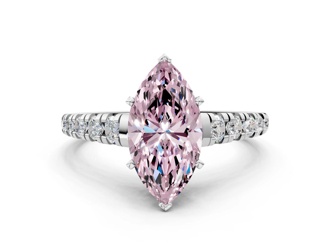 White gold Fancy Pink Marquise Cut Diamond Cathedral Solitaire Ring with Round  Pavé Band_174