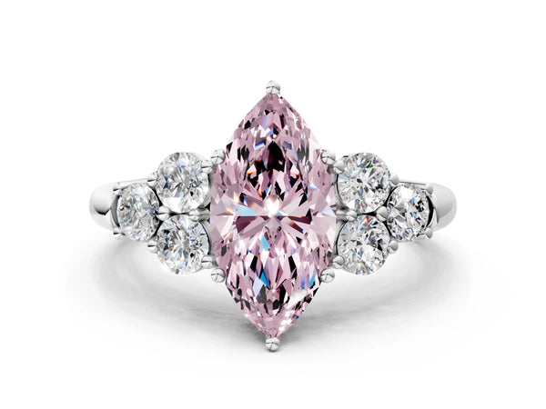 White gold Fancy Pink Marquise  Cut Diamond Cluster Ring with Round Accent Stones and Prong Setting on a Classic Band