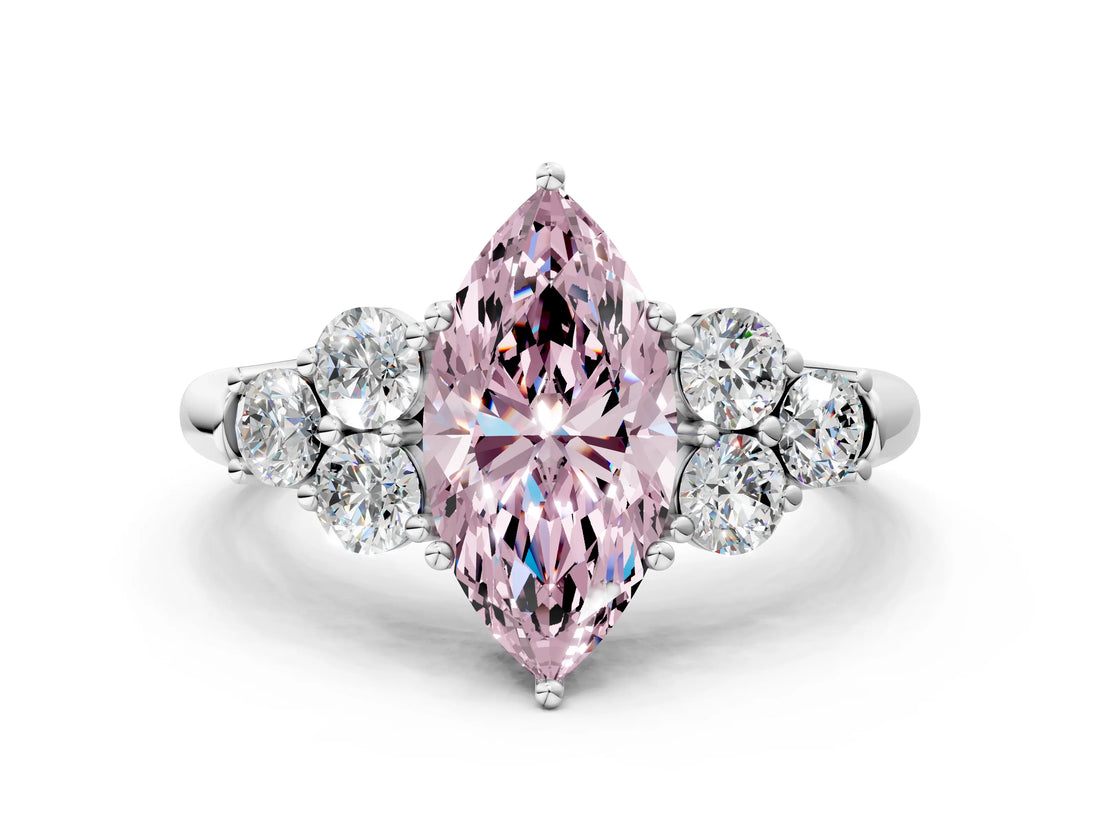 White gold Fancy Pink Marquise  Cut Diamond Cluster Ring with Round Accent Stones and Prong Setting on a Classic Band_49
