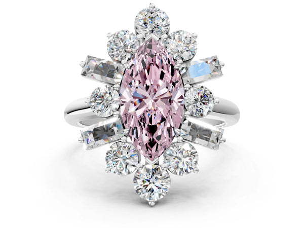 Platinum Fancy Pink Marquise Cut Diamond Cluster Ring with Round and Baguette Stones, Split Shank Band, Prong Setting