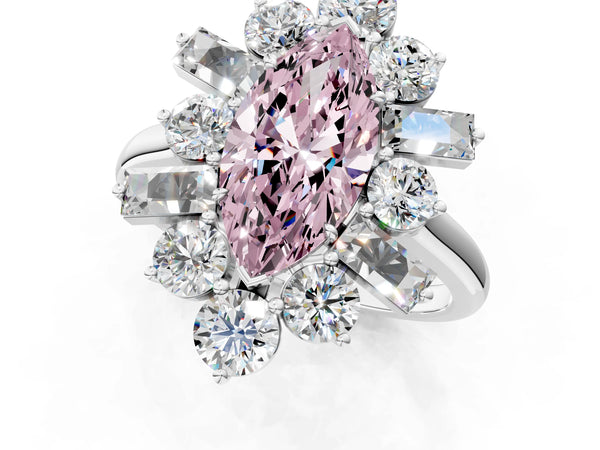 Platinum Fancy Pink Marquise Cut Diamond Cluster Ring with Round and Baguette Stones, Split Shank Band, Prong Setting