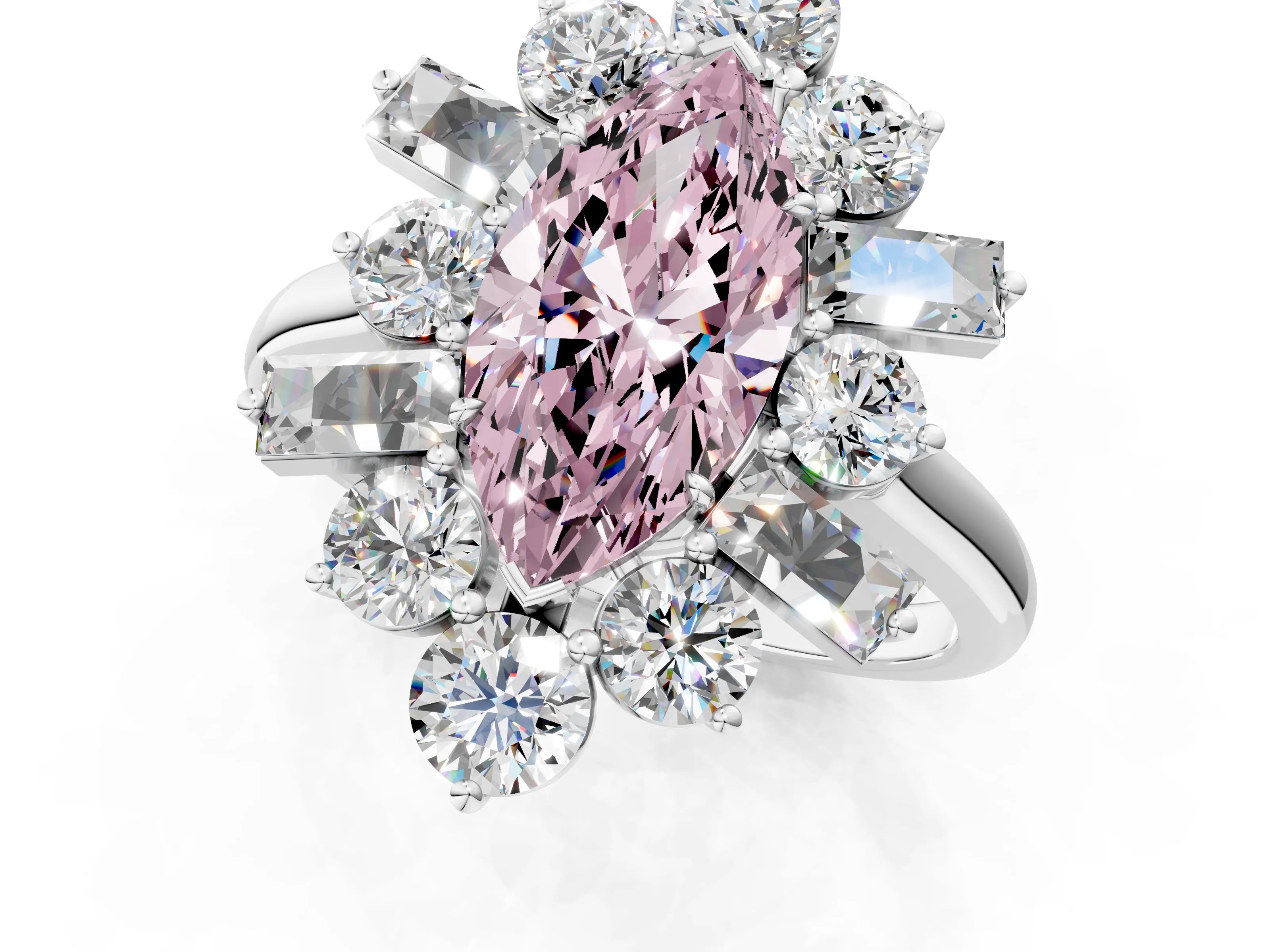 White gold Fancy Pink Marquise Cut Diamond Cluster Ring with Round and Baguette Stones, Split Shank Band, Prong Setting_13