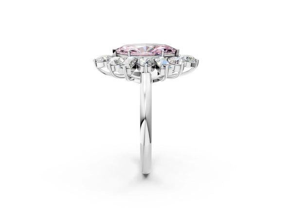Platinum Fancy Pink Marquise Cut Diamond Cluster Ring with Round and Baguette Stones, Split Shank Band, Prong Setting