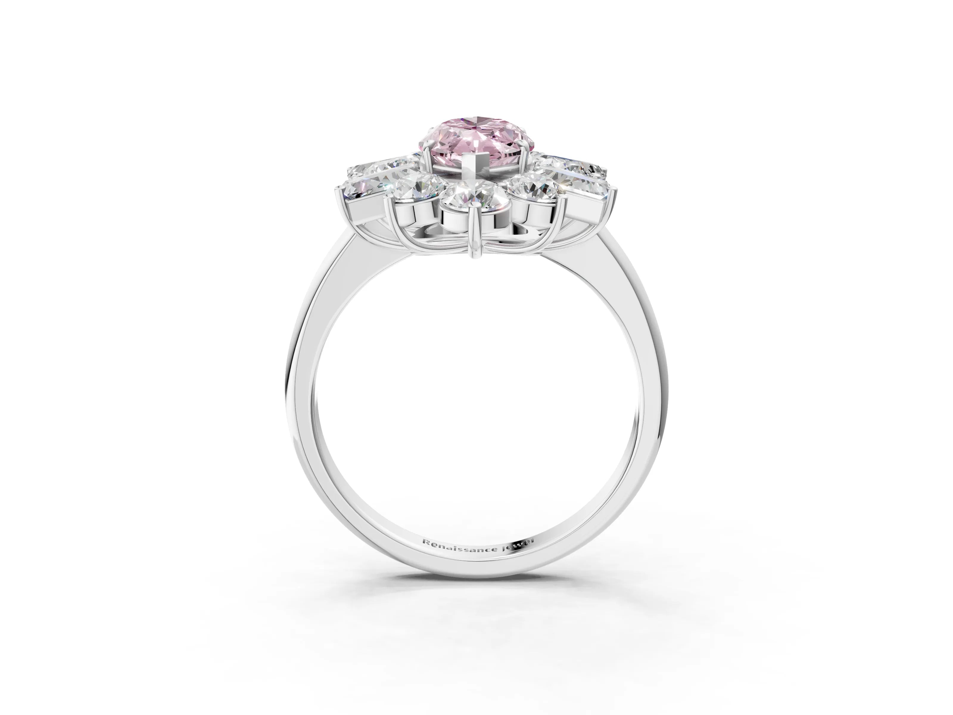 White gold Fancy Pink Marquise Cut Diamond Cluster Ring with Round and Baguette Stones, Split Shank Band, Prong Setting_15