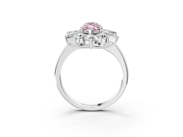 Platinum Fancy Pink Marquise Cut Diamond Cluster Ring with Round and Baguette Stones, Split Shank Band, Prong Setting