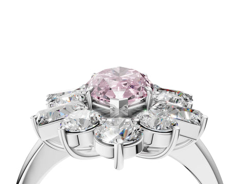 White gold Fancy Pink Marquise Cut Diamond Cluster Ring with Round and Baguette Stones, Split Shank Band, Prong Setting_16