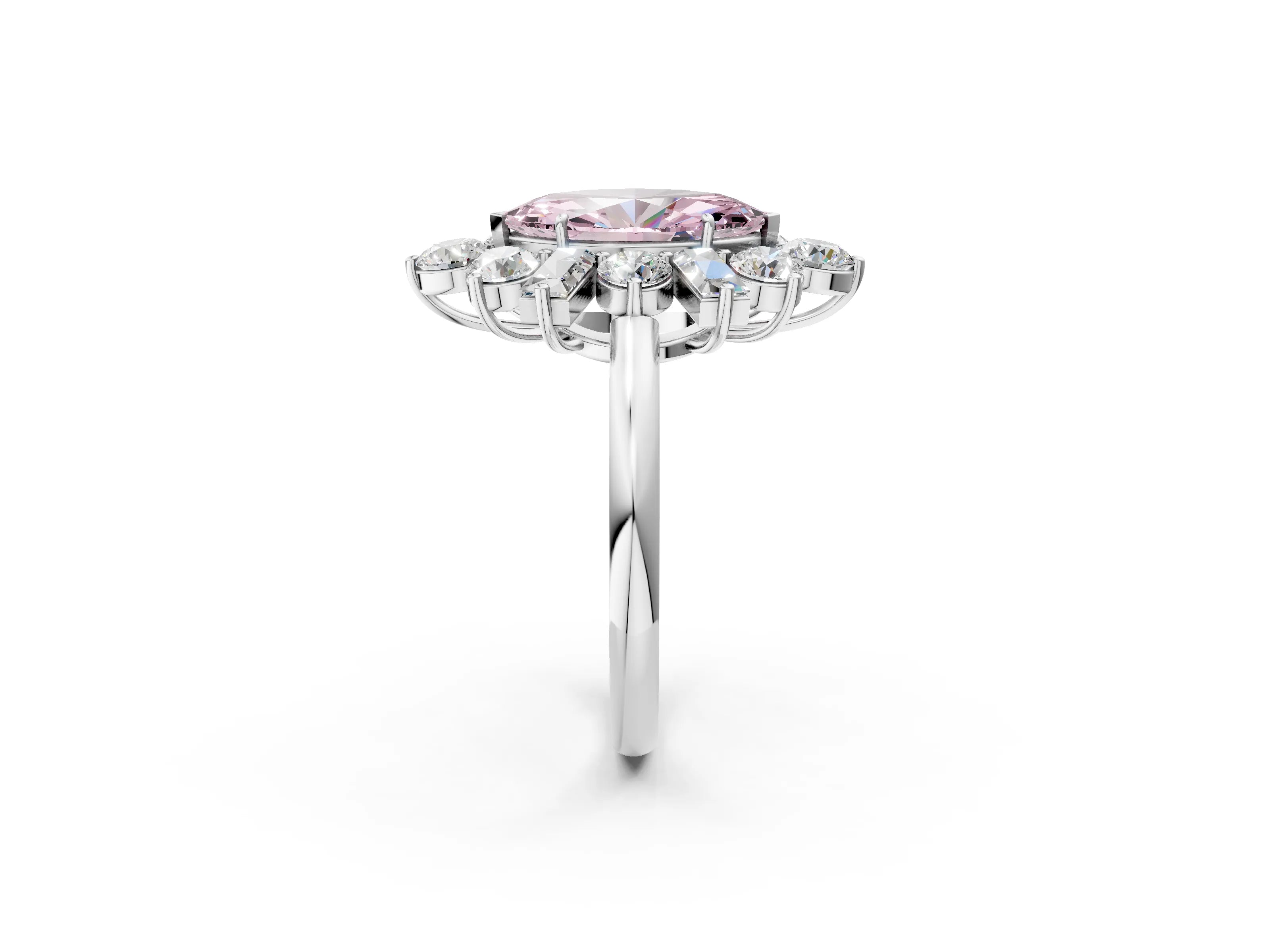 White gold Fancy Pink Marquise Cut Diamond Cluster Ring with Round and Baguette Stones, Split Shank Band, Prong Setting_2