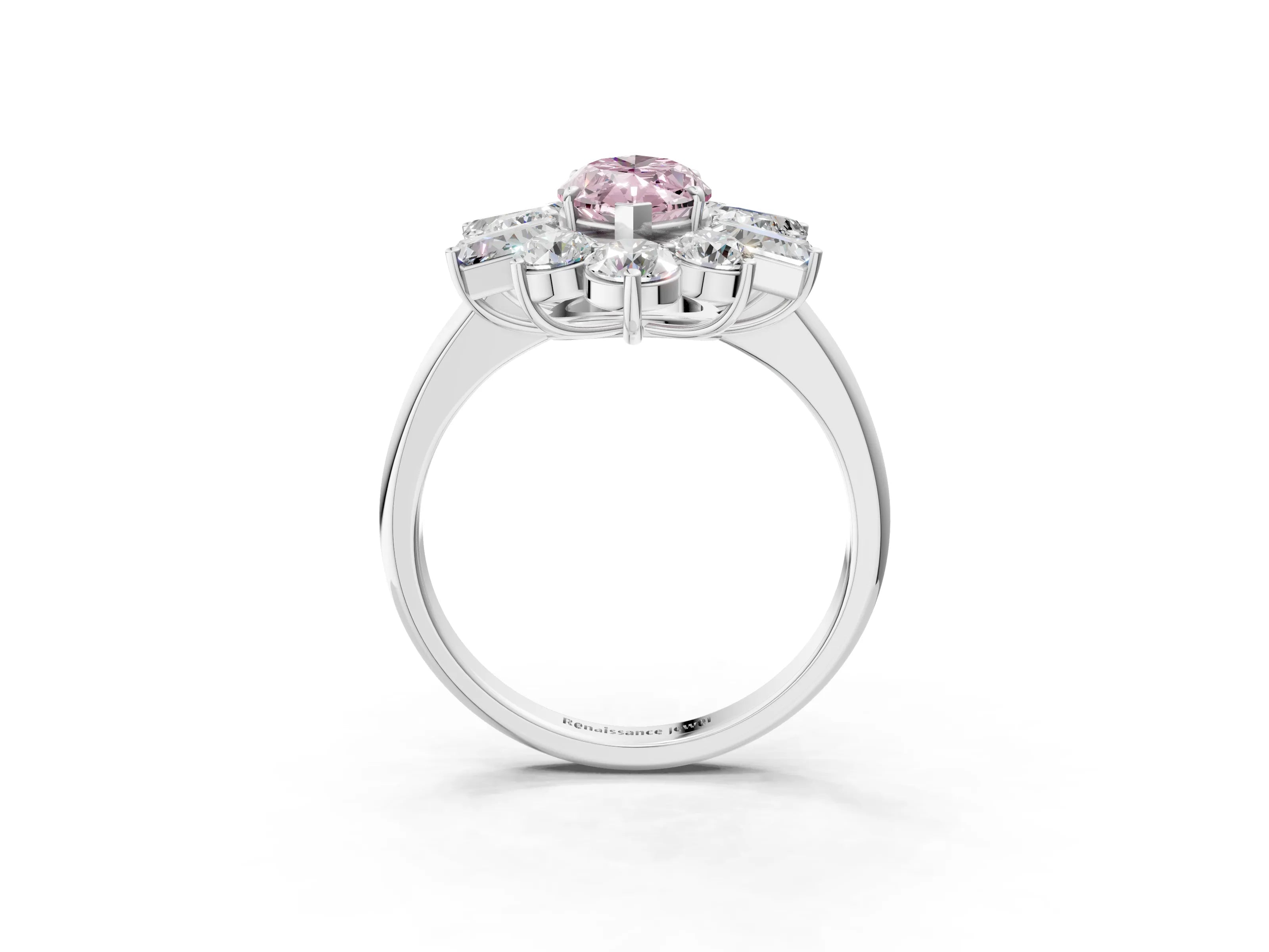 White gold Fancy Pink Marquise Cut Diamond Cluster Ring with Round and Baguette Stones, Split Shank Band, Prong Setting_3