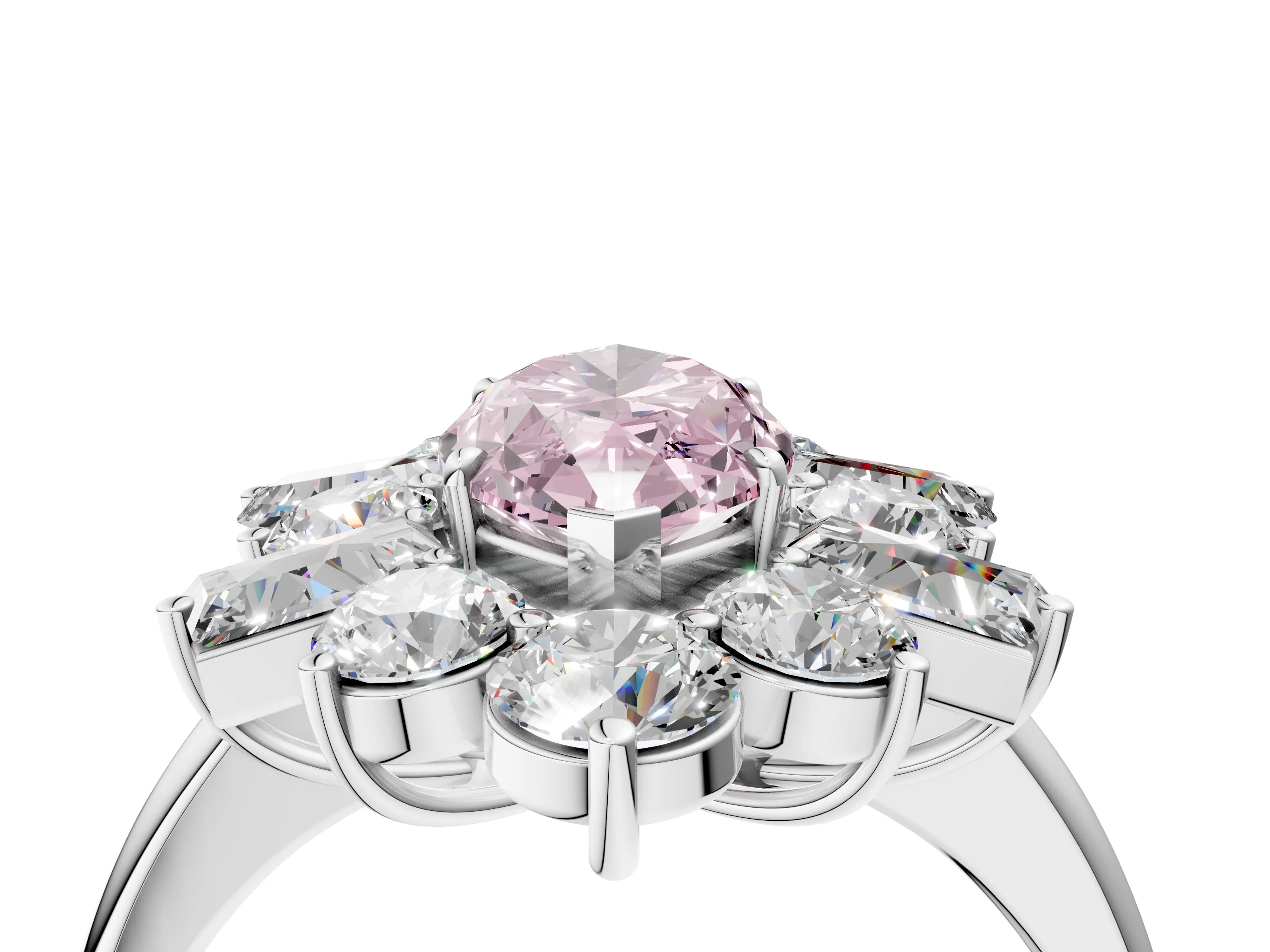 White gold Fancy Pink Marquise Cut Diamond Cluster Ring with Round and Baguette Stones, Split Shank Band, Prong Setting_4
