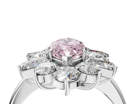 White gold Fancy Pink Marquise Cut Diamond Cluster Ring with Round and Baguette Stones, Split Shank Band, Prong Setting_4