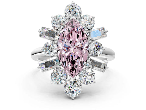 White gold Fancy Pink Marquise Cut Diamond Cluster Ring with Round and Baguette Stones, Split Shank Band, Prong Setting