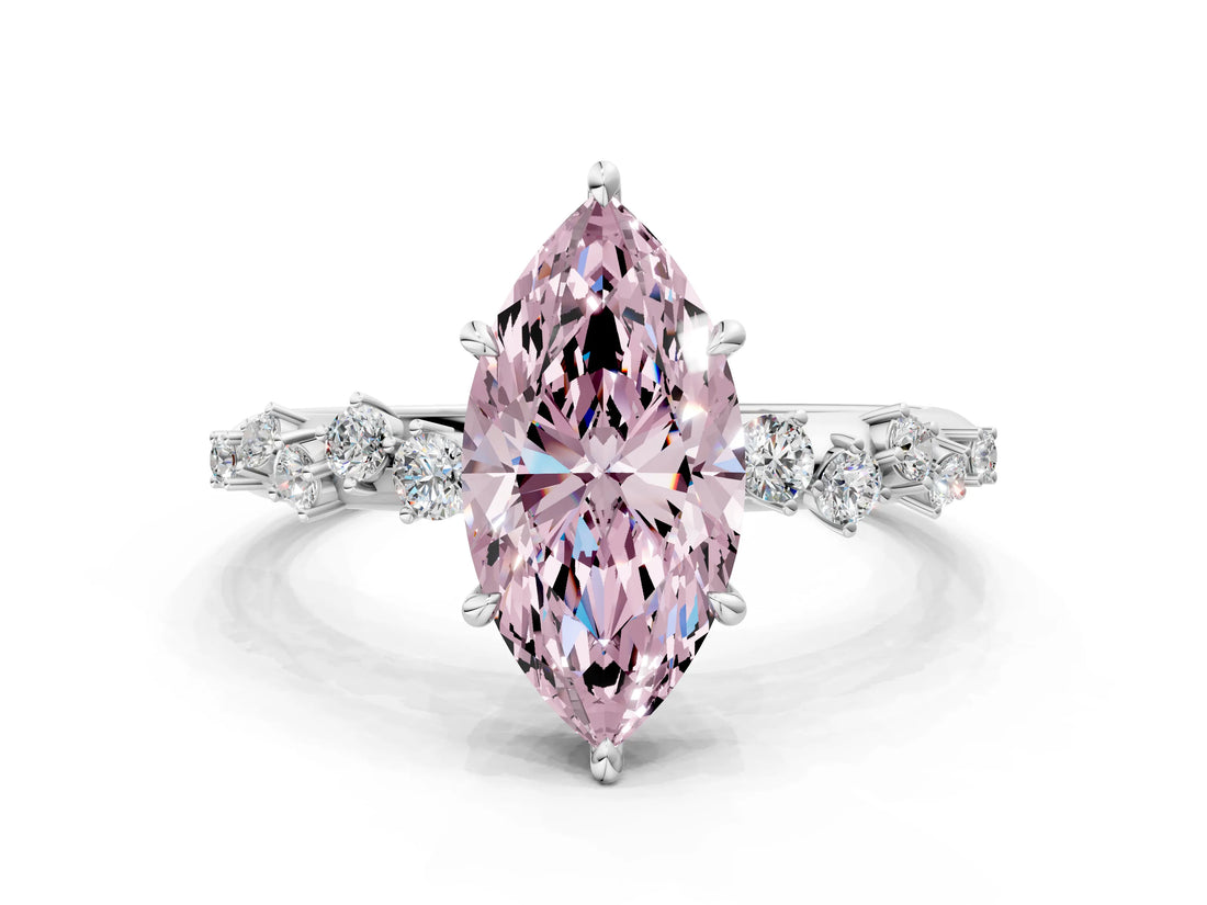 White gold Fancy Pink Marquise Cut Diamond Cluster Side Stone Solitaire Ring with Prong Setting_89