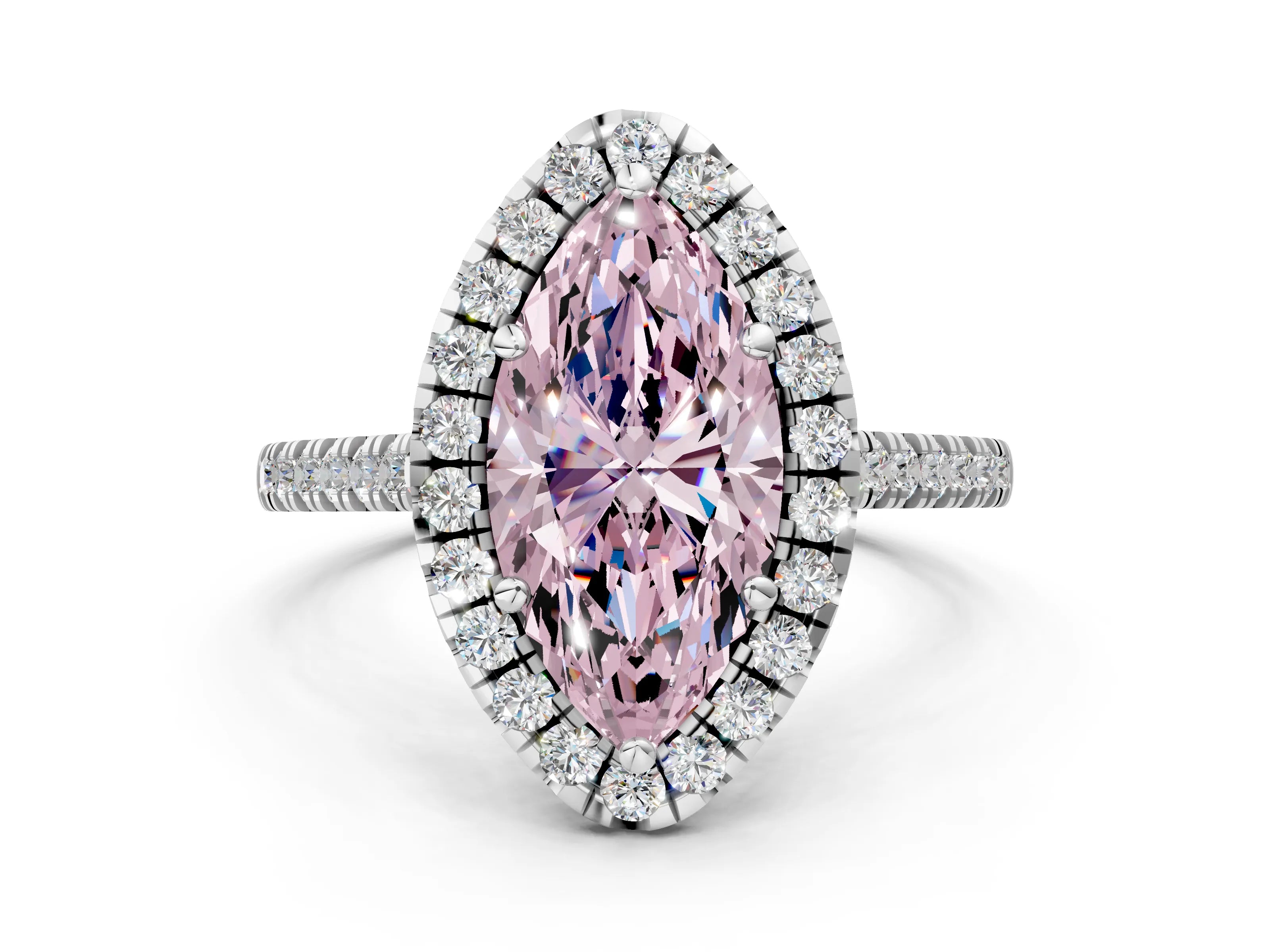 White gold Fancy Pink Marquise Cut Diamond Cushion Halo Ring with Pavé Band