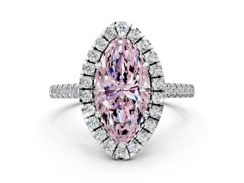 White gold Fancy Pink Marquise Cut Diamond Cushion Halo Ring with Pavé Band