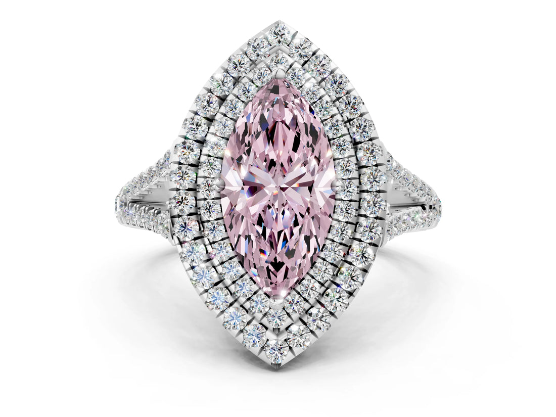 White gold Fancy Pink Marquise Cut Diamond Double Halo Ring with Pavé Band and Prong Setting_111