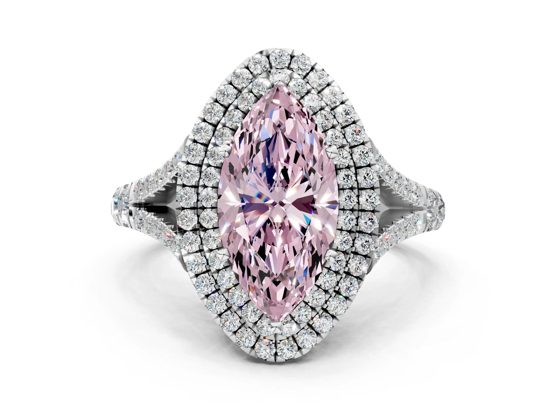 White gold Fancy Pink Marquise Cut Diamond Double Halo Ring with Split Shank and Prong Setting_27