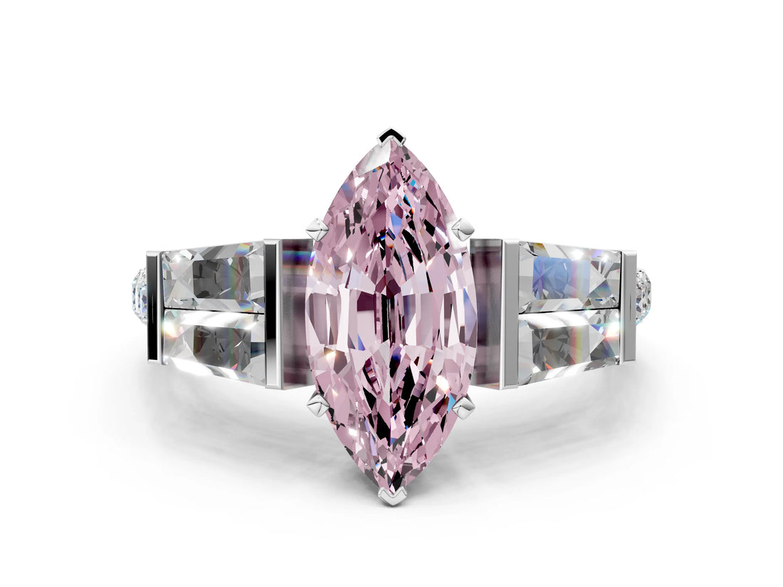 White gold Fancy Pink Marquise Cut Diamond Engagement Ring with Baguette Side Stones and Channel Set Band_32