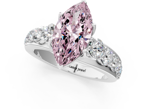 Platinum Fancy Pink Marquise Cut Diamond Engagement Ring with Pavé Band and Four-Prong Setting