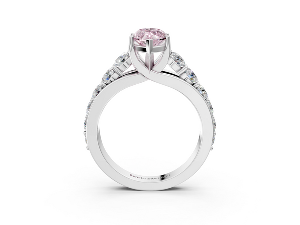 Platinum Fancy Pink Marquise Cut Diamond Engagement Ring with Pavé Band and Four-Prong Setting