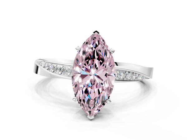 White gold Fancy Pink Marquise Cut Diamond Engagement Ring with Side Stone Accents and Four-Prong Setting