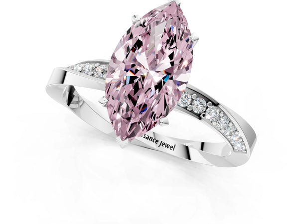 White gold Fancy Pink Marquise Cut Diamond Engagement Ring with Side Stone Accents and Four-Prong Setting