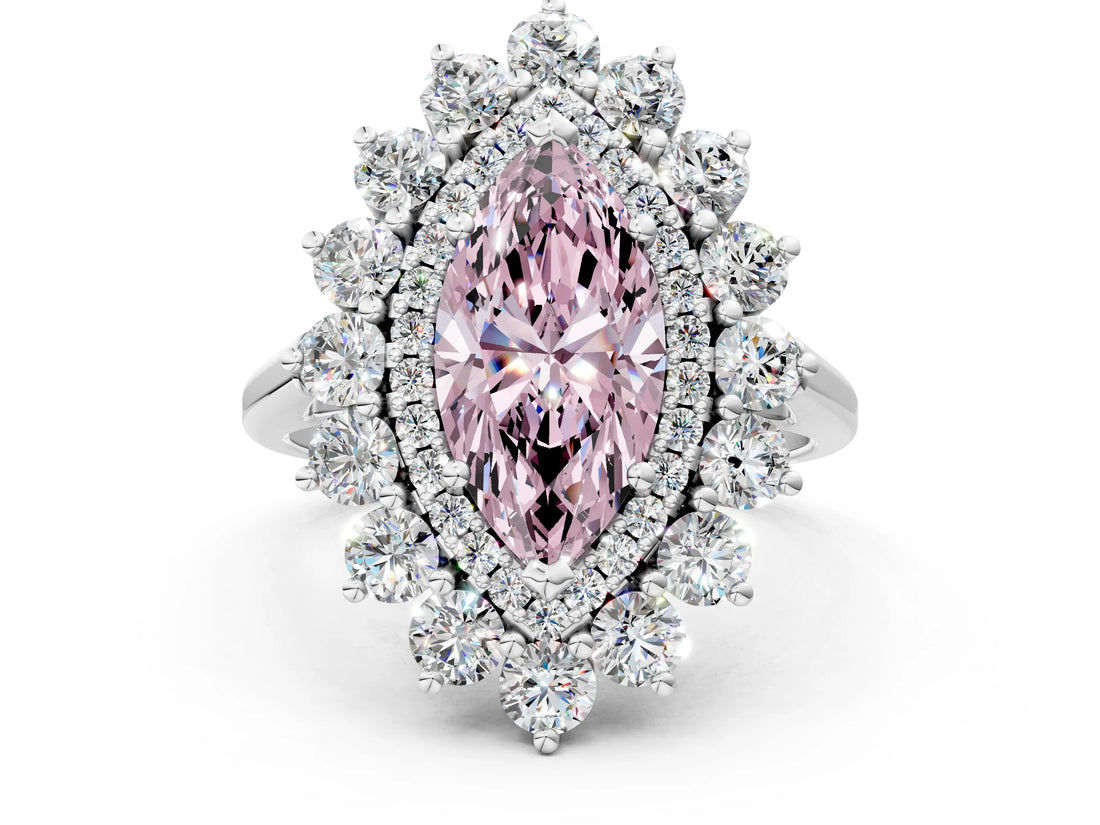 White gold Fancy Pink Marquise Cut Diamond Floral Double Halo Engagement Ring with Prong Setting_38