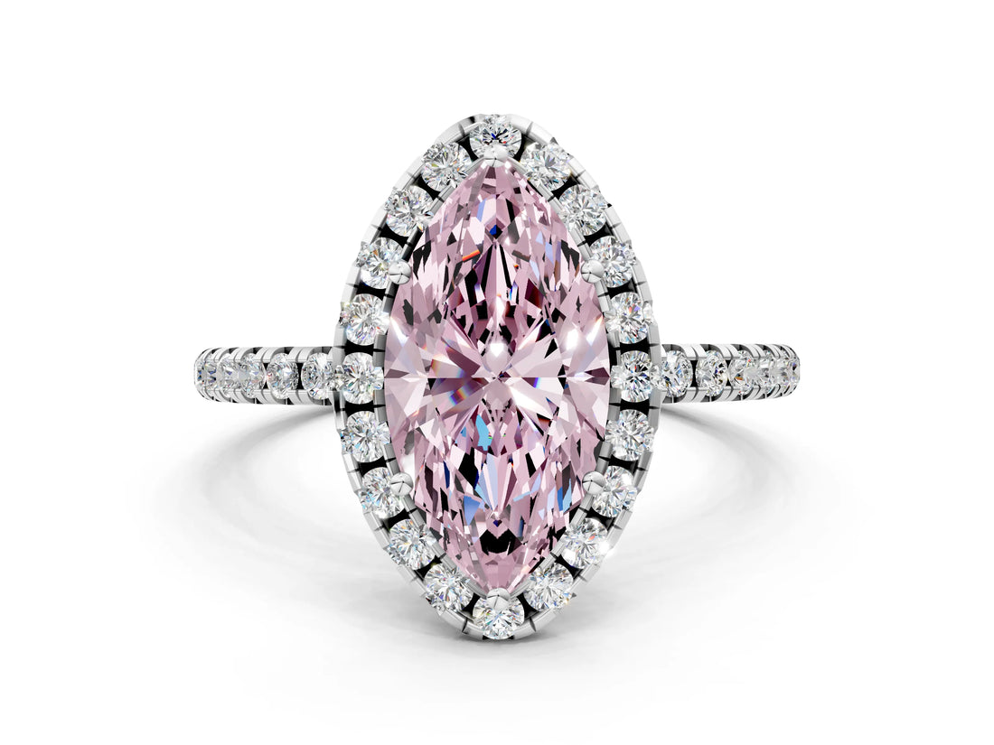 White gold Fancy Pink Marquise  Cut Diamond Floral Halo Engagement Ring with Pavé Band and Prong Setting_75