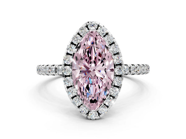 White gold Fancy Pink Marquise  Cut Diamond Floral Halo Engagement Ring with Pavé Band and Prong Setting