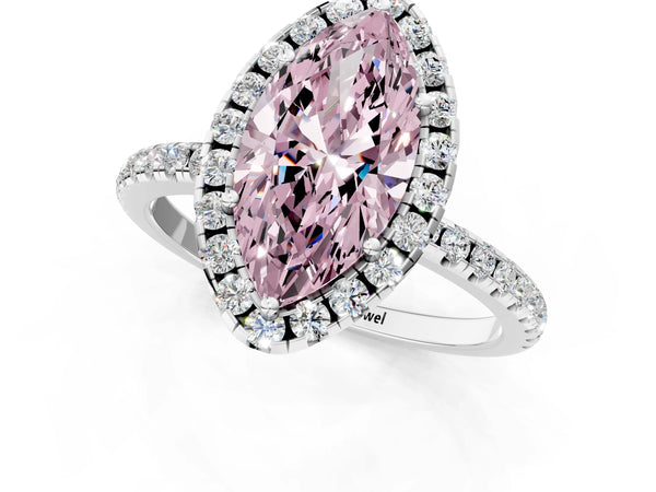 White gold Fancy Pink Marquise  Cut Diamond Floral Halo Engagement Ring with Pavé Band and Prong Setting