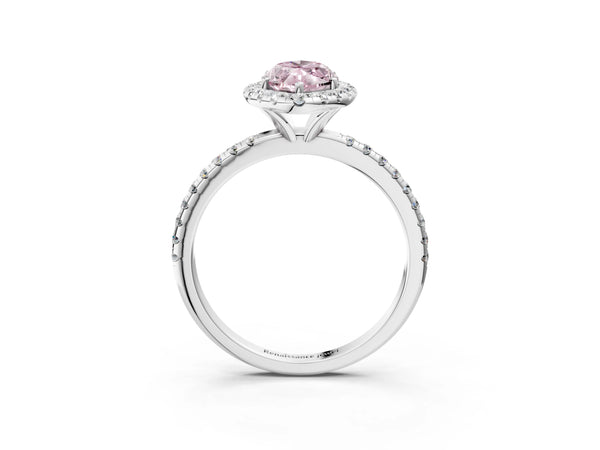 White gold Fancy Pink Marquise  Cut Diamond Floral Halo Engagement Ring with Pavé Band and Prong Setting