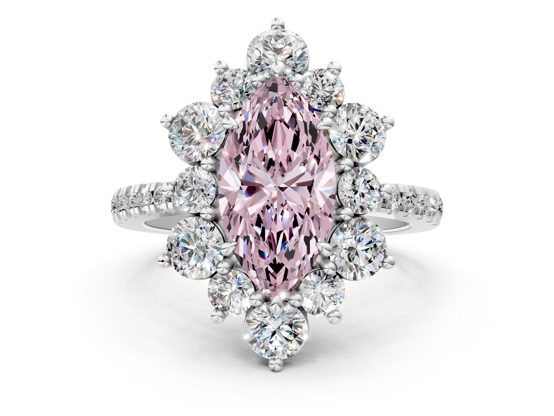 White gold Fancy Pink Marquise  Cut Diamond Floral Halo Pave Band with Prong Setting_37