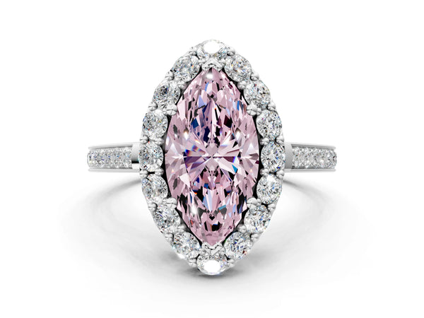 Platinum Fancy Pink Marquise Cut Diamond Floral Halo Ring with Pavé Band and Prong Setting