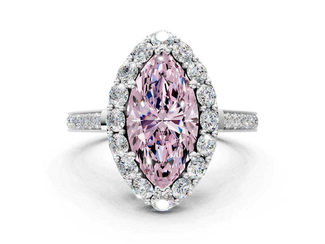 White gold Fancy Pink Marquise Cut Diamond Floral Halo Ring with Pavé Band and Prong Setting_7