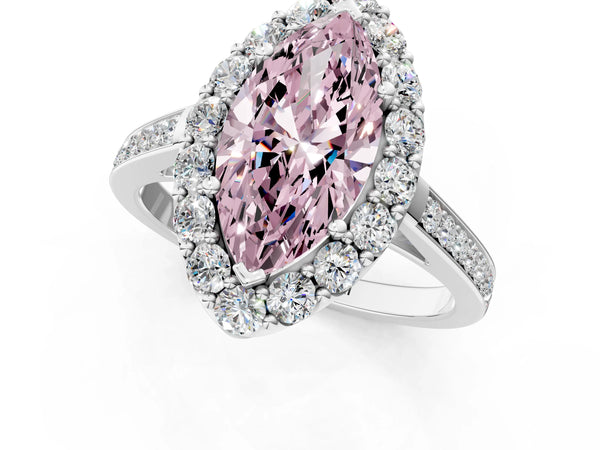 Platinum Fancy Pink Marquise Cut Diamond Floral Halo Ring with Pavé Band and Prong Setting
