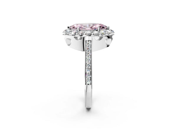 Platinum Fancy Pink Marquise Cut Diamond Floral Halo Ring with Pavé Band and Prong Setting