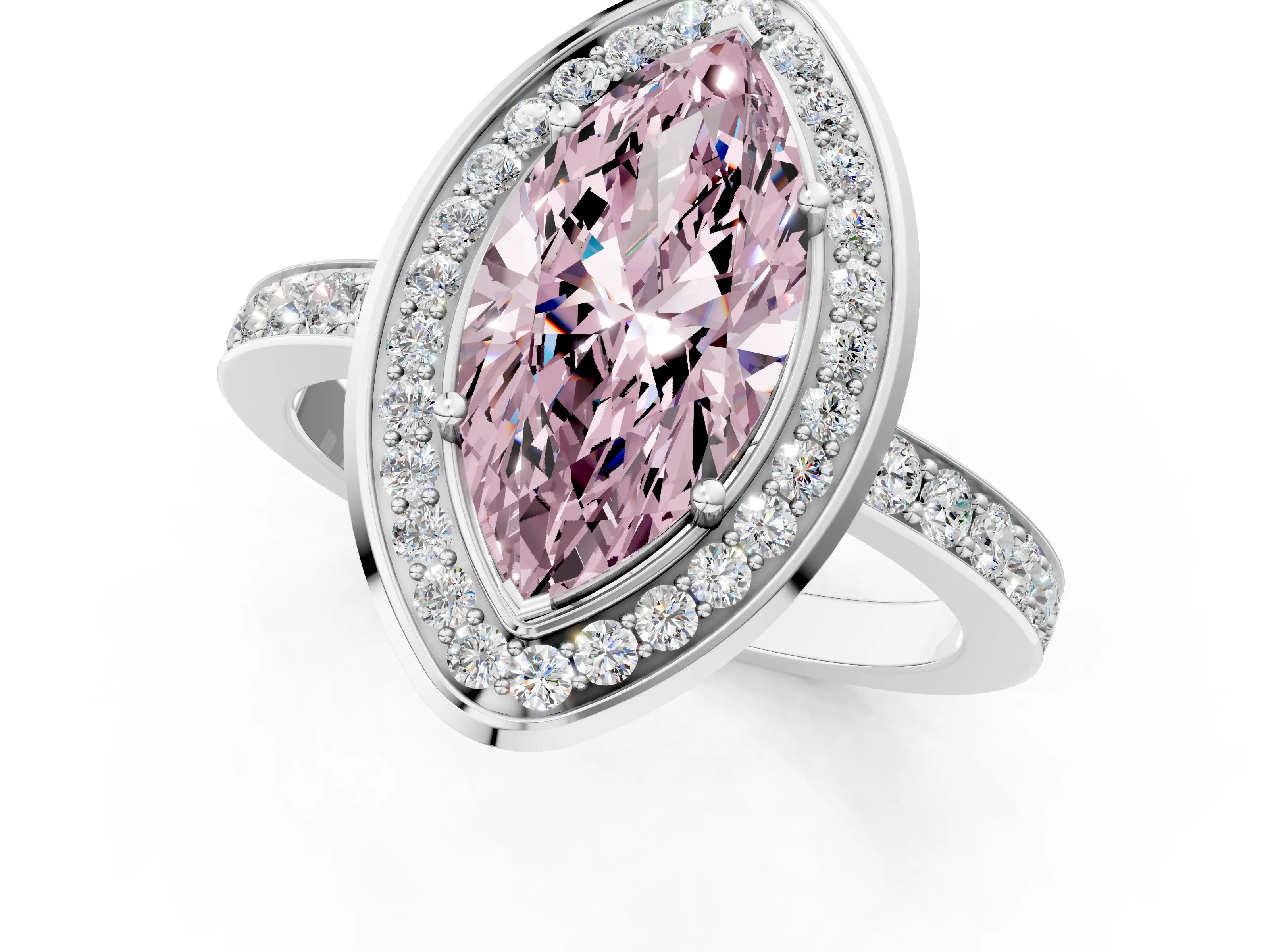 White gold Fancy Pink Marquise Cut Diamond Halo Ring with Bezel Frame and Pavé Band_1
