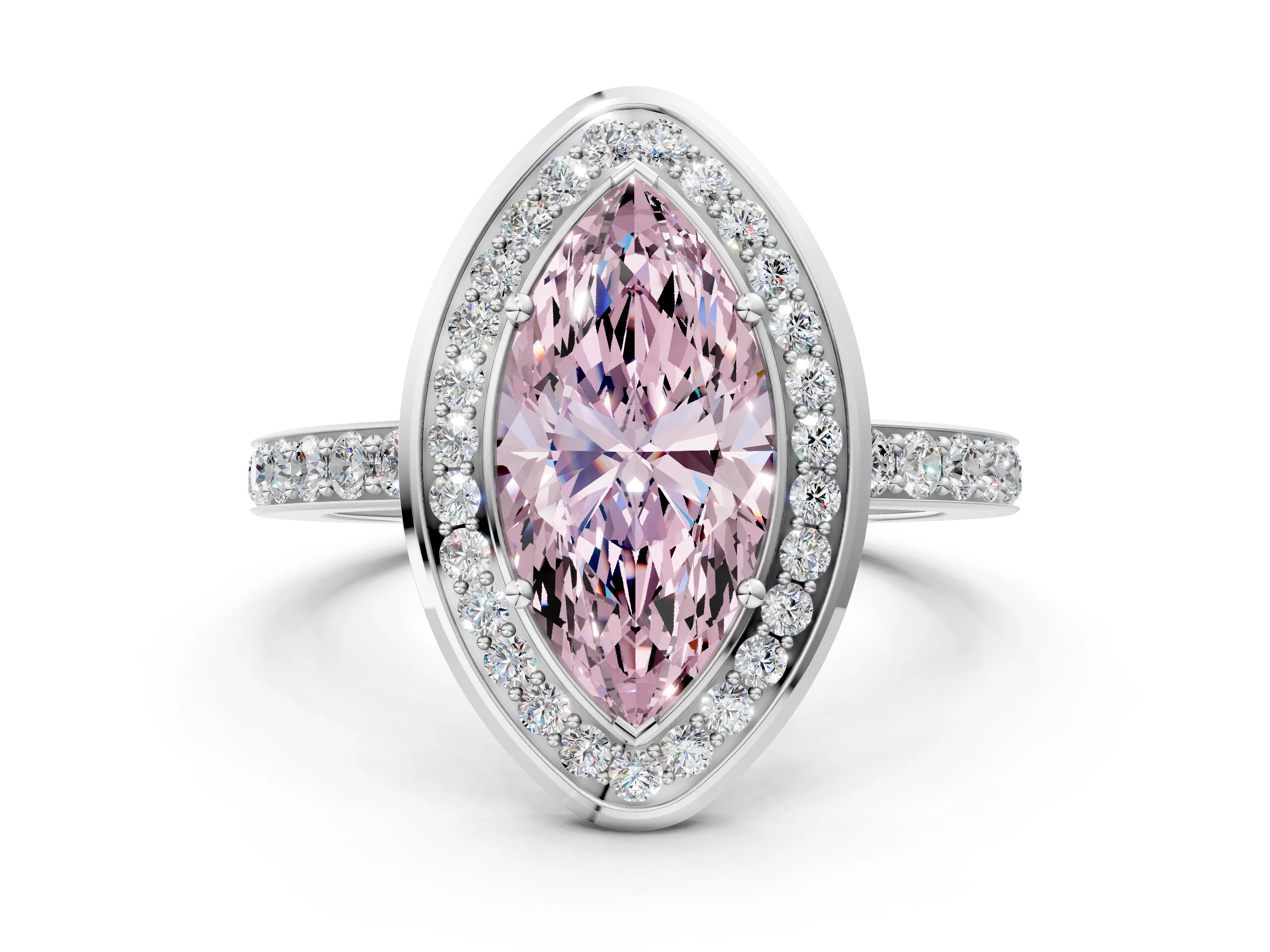 White gold Fancy Pink Marquise Cut Diamond Halo Ring with Bezel Frame and Pavé Band