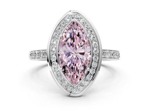 White gold Fancy Pink Marquise Cut Diamond Halo Ring with Bezel Frame and Pavé Band