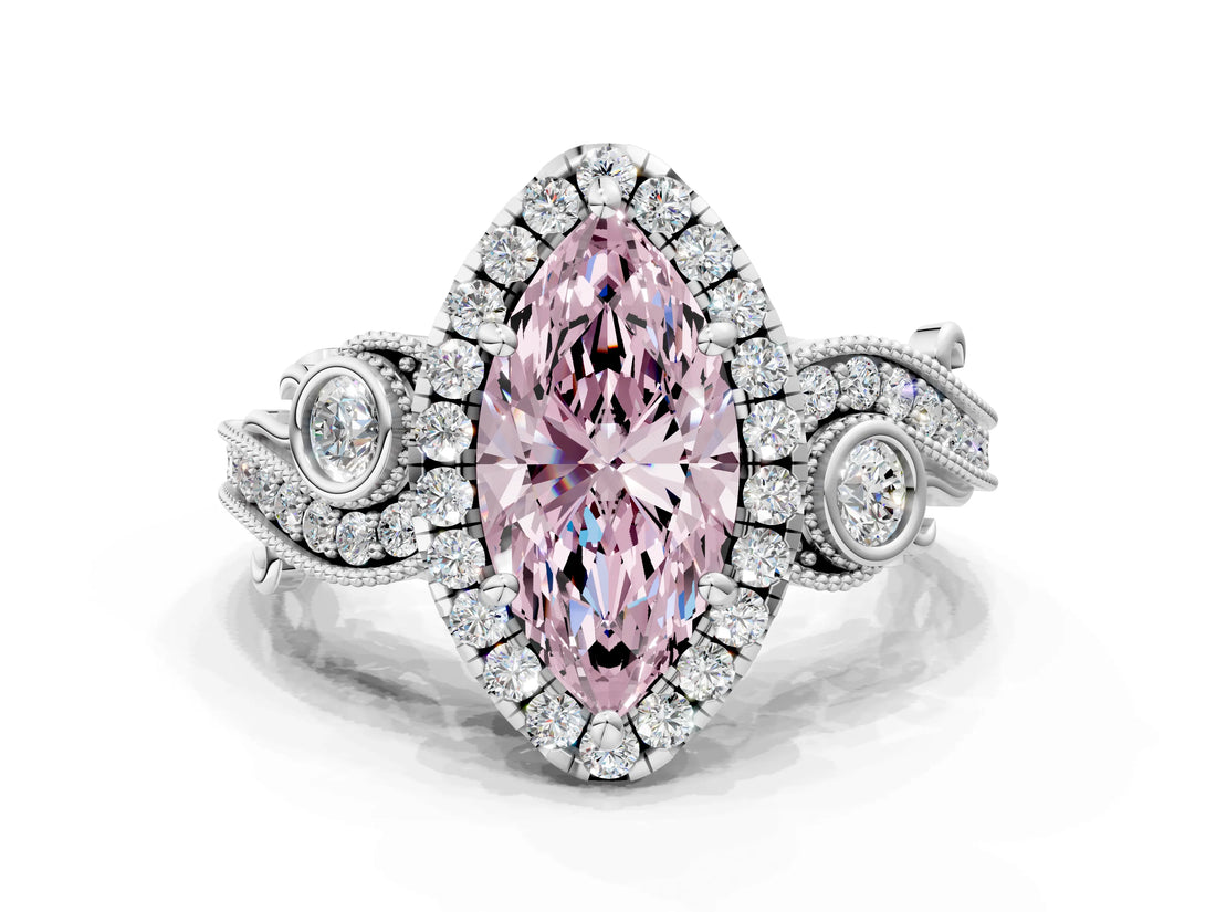 White gold Fancy Pink Marquise Cut Diamond Halo Ring with Milgrain Pavé Band and Four-Prong Setting_77