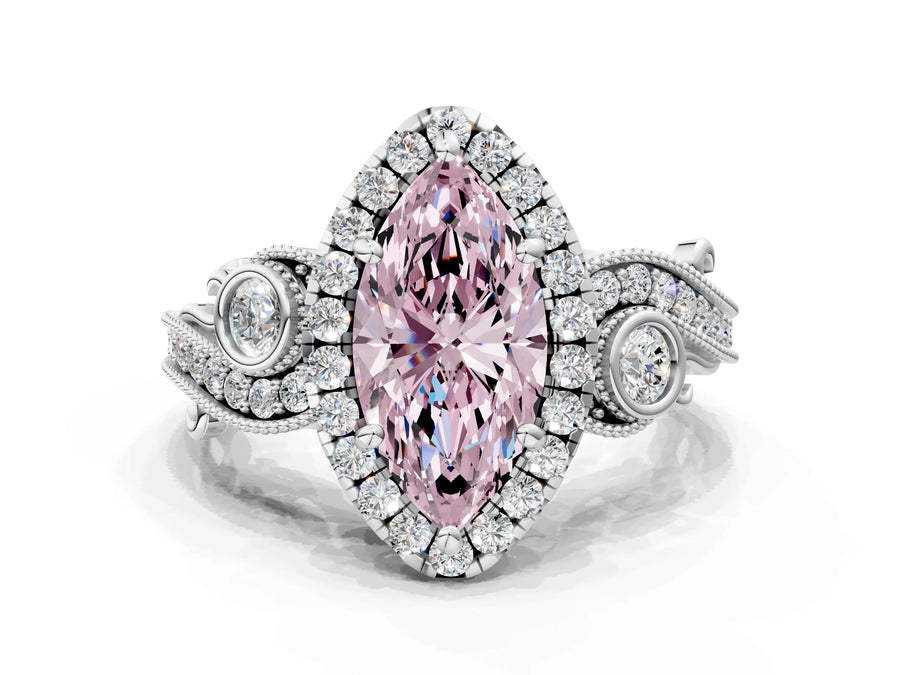 White gold Fancy Pink Marquise Cut Diamond Halo Ring with Milgrain Pavé Band and Four-Prong Setting