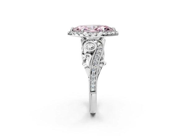 White gold Fancy Pink Marquise Cut Diamond Halo Ring with Milgrain Pavé Band and Four-Prong Setting