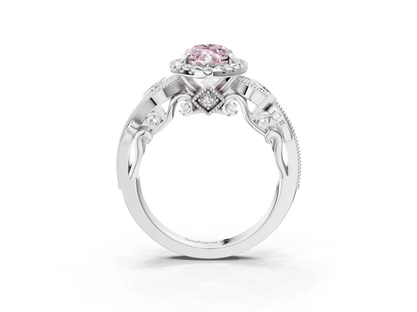 White gold Fancy Pink Marquise Cut Diamond Halo Ring with Milgrain Pavé Band and Four-Prong Setting