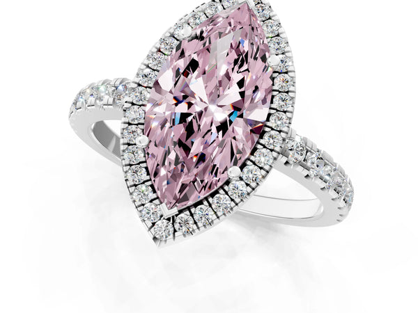 Platinum Fancy Pink Marquise Cut Diamond Halo Ring with Pavé Band and Four-Prong Setting