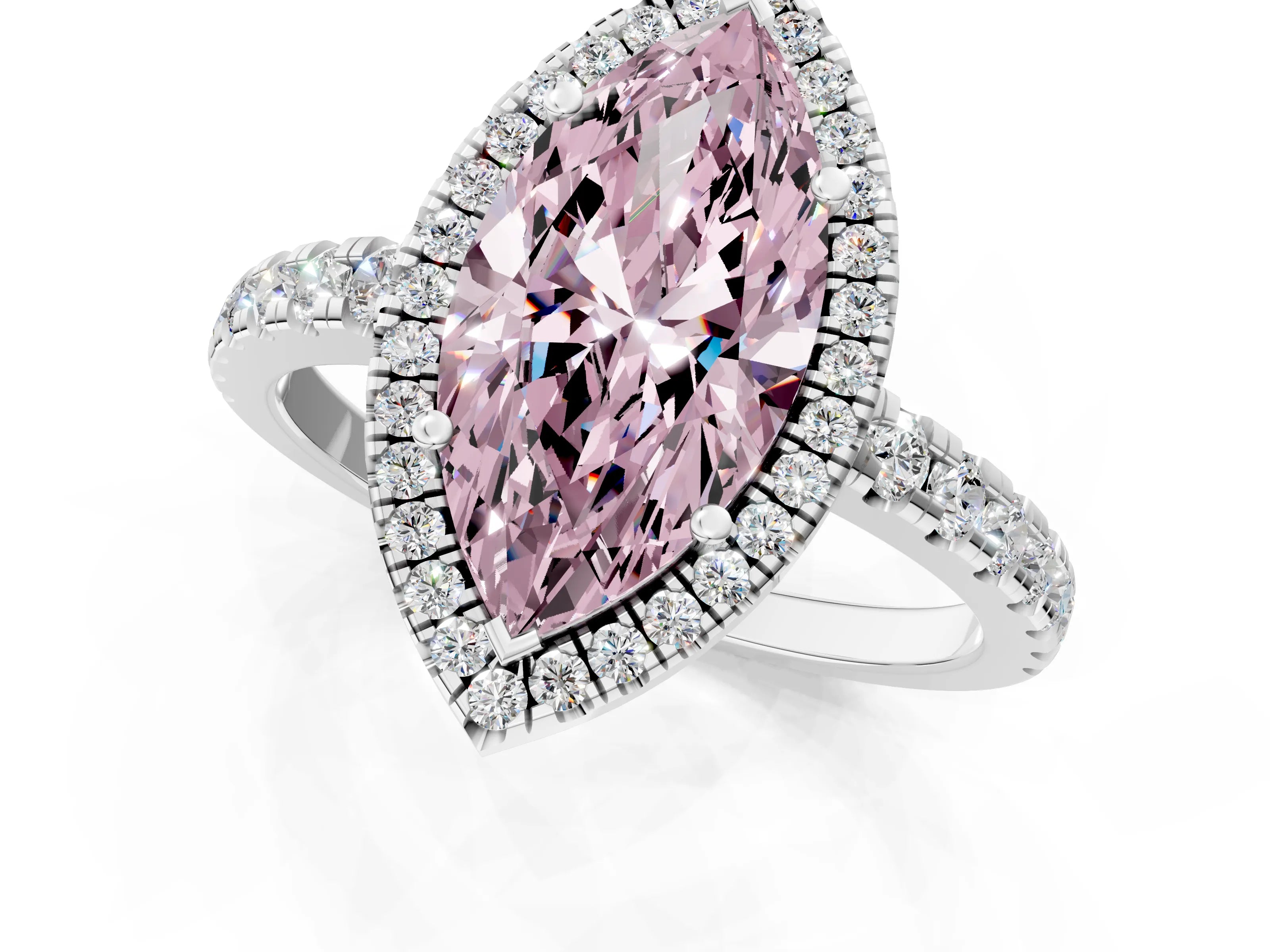 White gold Fancy Pink Marquise Cut Diamond Halo Ring with Pavé Band and Four-Prong Setting_13